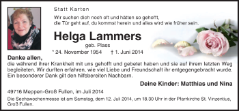 Traueranzeige von Helga Lammers von Neue Osnabrücker Zeitung GmbH & Co. KG