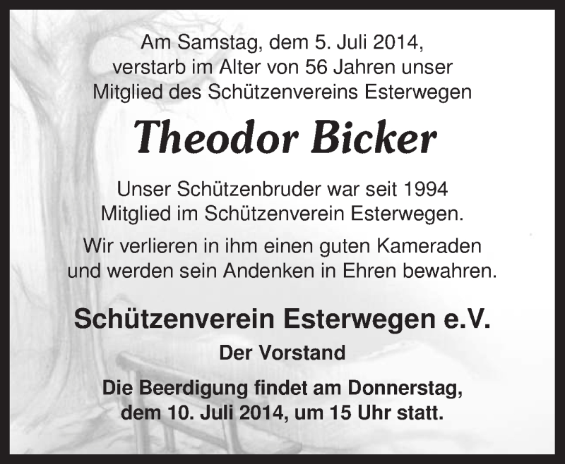  Traueranzeige für Theodor Bicker vom 09.07.2014 aus Neue Osnabrücker Zeitung GmbH & Co. KG