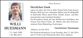 Traueranzeige von Willi Huesmann von Neue Osnabrücker Zeitung GmbH & Co. KG