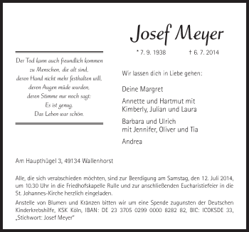 Traueranzeige von Josef Meiler von Neue Osnabrücker Zeitung GmbH & Co. KG
