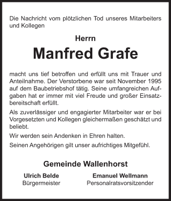 Traueranzeige von Manfred Grafe von Neue Osnabrücker Zeitung GmbH & Co. KG