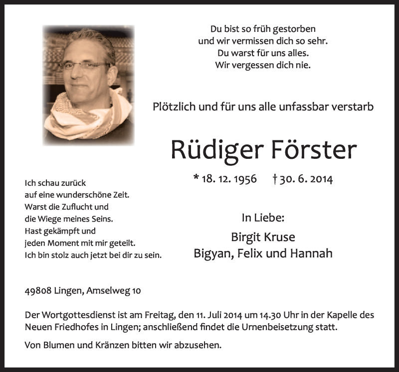  Traueranzeige für Rüdiger Förster vom 09.07.2014 aus Neue Osnabrücker Zeitung GmbH & Co. KG
