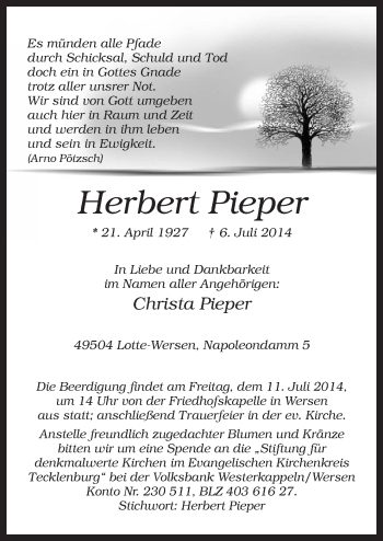 Traueranzeige von Herbert Pieper von Neue Osnabrücker Zeitung GmbH & Co. KG