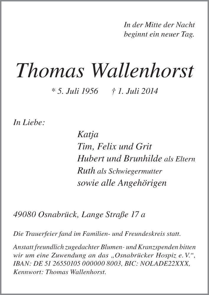  Traueranzeige für Thomas Wallenhorst vom 09.07.2014 aus Neue Osnabrücker Zeitung GmbH & Co. KG