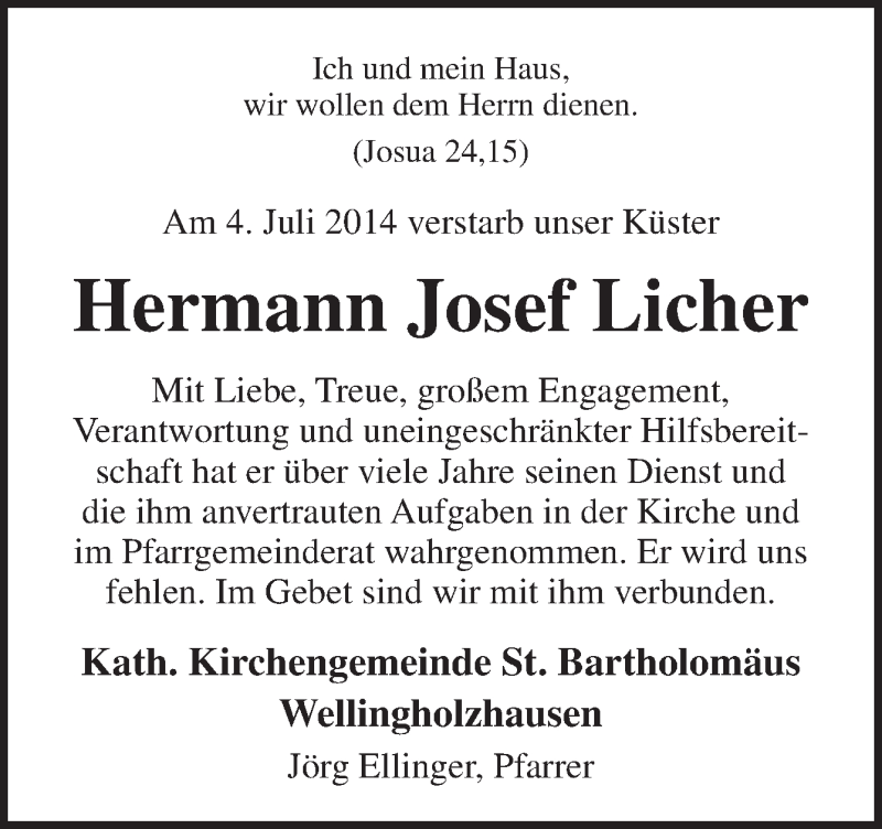  Traueranzeige für Hermann Josef Licher vom 09.07.2014 aus Neue Osnabrücker Zeitung GmbH & Co. KG