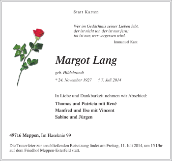 Traueranzeige von Margot Lang von Neue Osnabrücker Zeitung GmbH & Co. KG