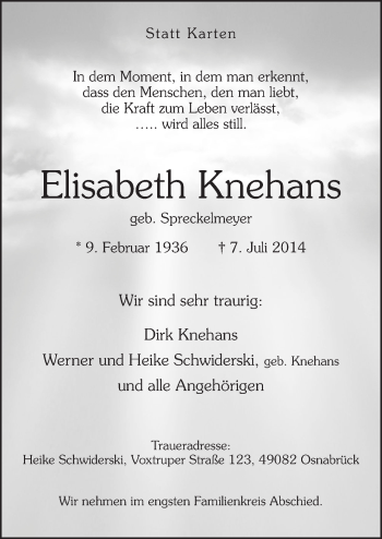 Traueranzeige von Elisabeth Knehans von Neue Osnabrücker Zeitung GmbH & Co. KG