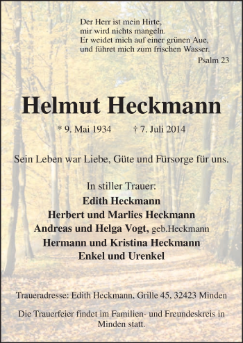 Traueranzeige von Helmut Heckmann von Neue Osnabrücker Zeitung GmbH & Co. KG