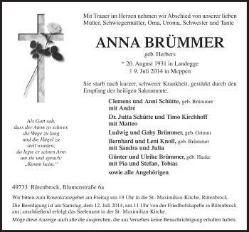 Traueranzeige von Anna Brümmer von Neue Osnabrücker Zeitung GmbH & Co. KG