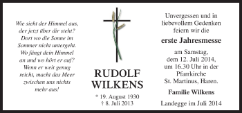 Traueranzeige von Rudolf Wilkens von Neue Osnabrücker Zeitung GmbH & Co. KG