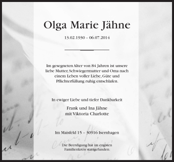 Traueranzeige von Olga Marie Jähne von Neue Osnabrücker Zeitung GmbH & Co. KG