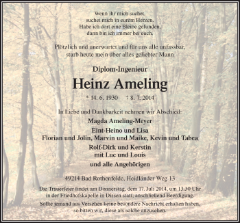 Traueranzeige von Heinz Ameling von Neue Osnabrücker Zeitung GmbH & Co. KG