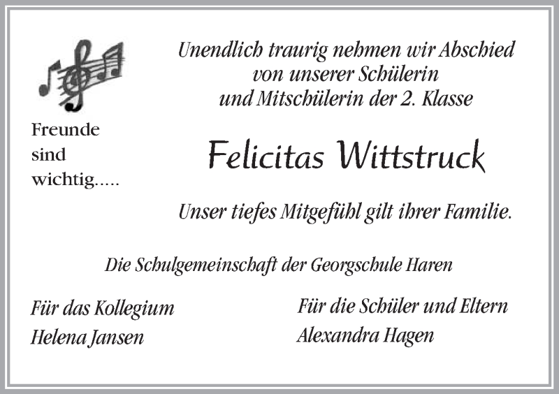  Traueranzeige für Felicitas Wittstruck vom 12.07.2014 aus Neue Osnabrücker Zeitung GmbH & Co. KG