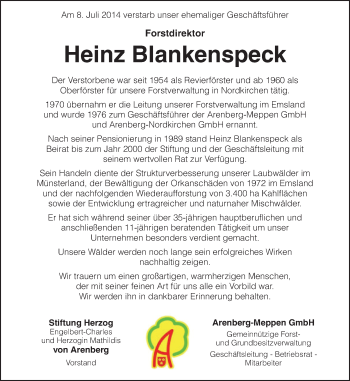 Traueranzeige von Heinz Blankenspeck von Neue Osnabrücker Zeitung GmbH & Co. KG