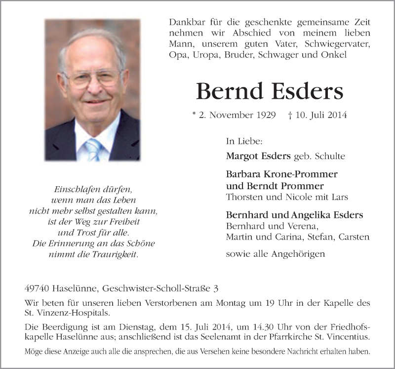  Traueranzeige für Bernd Esders vom 12.07.2014 aus Neue Osnabrücker Zeitung GmbH & Co. KG