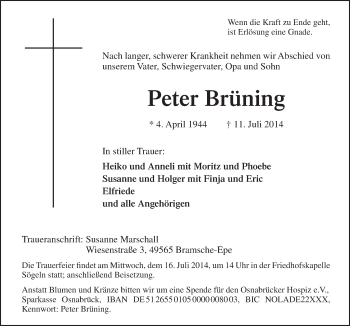 Traueranzeige von Peter Brüning von Neue Osnabrücker Zeitung GmbH & Co. KG