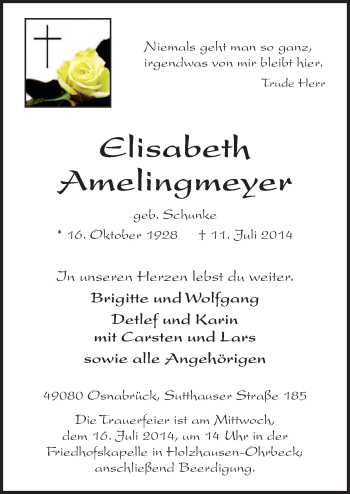 Traueranzeige von Elisabeth Amelingmeyer von Neue Osnabrücker Zeitung GmbH & Co. KG