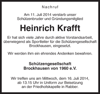 Traueranzeige von Heinrich Krafft von Neue Osnabrücker Zeitung GmbH & Co. KG