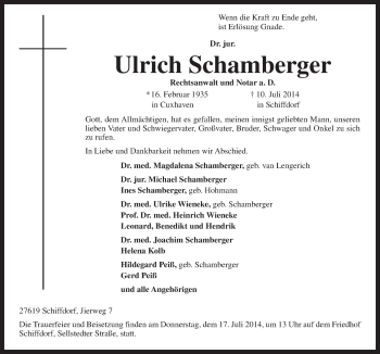Traueranzeige von Ulrich Schamberger von Neue Osnabrücker Zeitung GmbH & Co. KG
