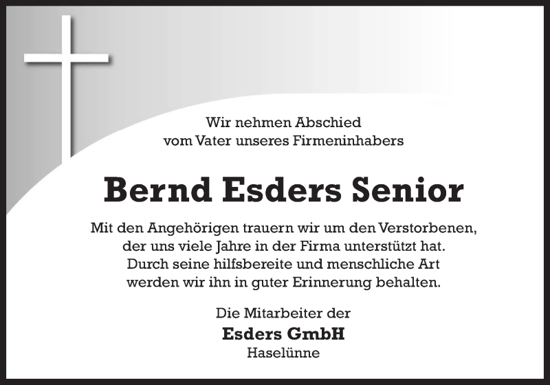  Traueranzeige für Bernd Esders vom 16.07.2014 aus Neue Osnabrücker Zeitung GmbH & Co. KG