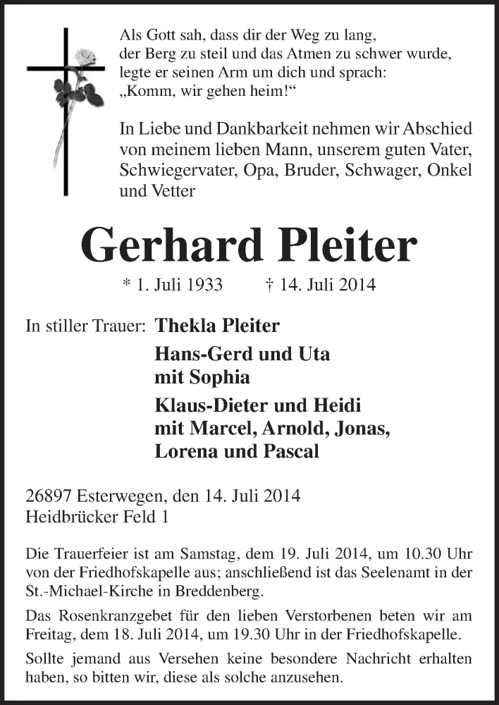  Traueranzeige für Gerhard Pleiter vom 16.07.2014 aus Neue Osnabrücker Zeitung GmbH & Co. KG