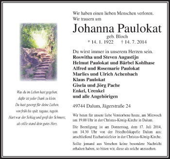 Traueranzeige von Johanna Paulokat von Neue Osnabrücker Zeitung GmbH & Co. KG