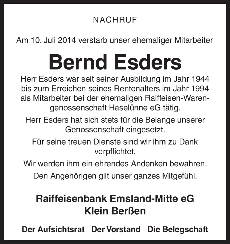  Traueranzeige für Bernd Esders vom 16.07.2014 aus Neue Osnabrücker Zeitung GmbH & Co. KG