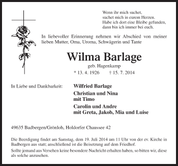 Traueranzeige von Wilma Barlage von Neue Osnabrücker Zeitung GmbH & Co. KG