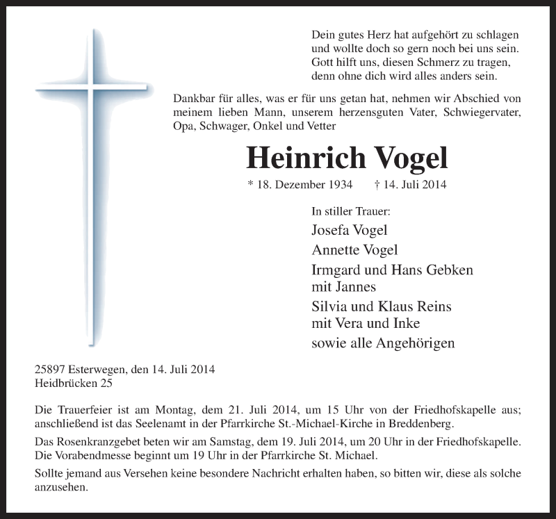  Traueranzeige für Heinrich Vogel vom 17.07.2014 aus Neue Osnabrücker Zeitung GmbH & Co. KG