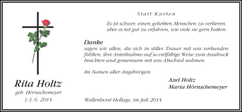 Traueranzeige von Rita Holtz von Neue Osnabrücker Zeitung GmbH & Co. KG