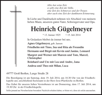 Traueranzeige von Heinrich Gügelmeyer von Neue Osnabrücker Zeitung GmbH & Co. KG