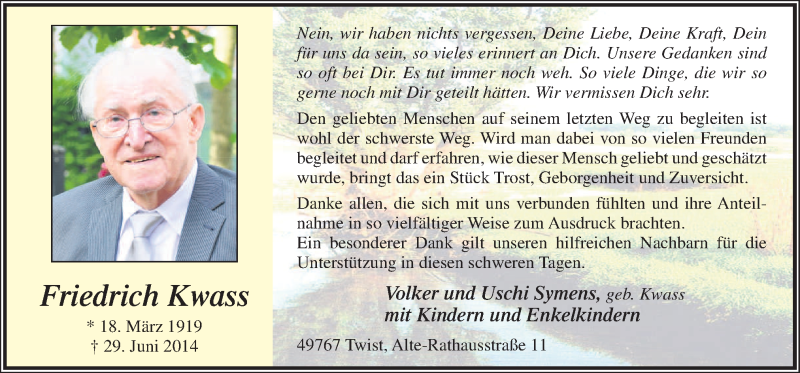  Traueranzeige für Friedrich Kwass vom 19.07.2014 aus Neue Osnabrücker Zeitung GmbH & Co. KG