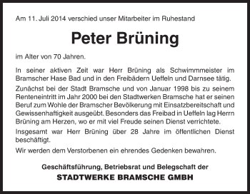 Traueranzeige von Peter Brüning von Neue Osnabrücker Zeitung GmbH & Co. KG