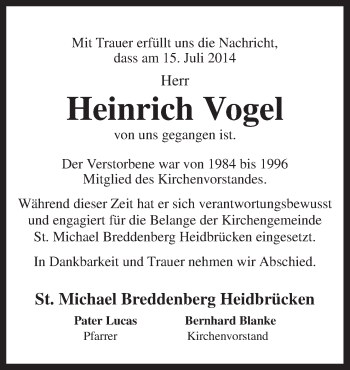 Traueranzeige von Heinrich Vogel von Neue Osnabrücker Zeitung GmbH & Co. KG