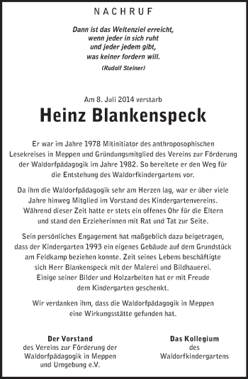 Traueranzeige von Heinz Blankenspeck von Neue Osnabrücker Zeitung GmbH & Co. KG