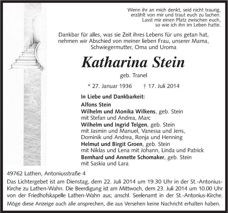  Traueranzeige für Katharina Stein vom 19.07.2014 aus Neue Osnabrücker Zeitung GmbH & Co. KG