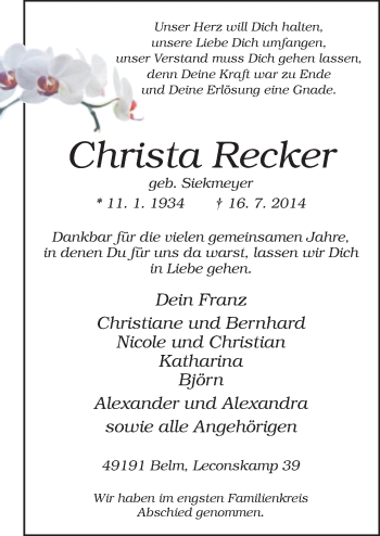 Traueranzeige von Christa Recker von Neue Osnabrücker Zeitung GmbH & Co. KG
