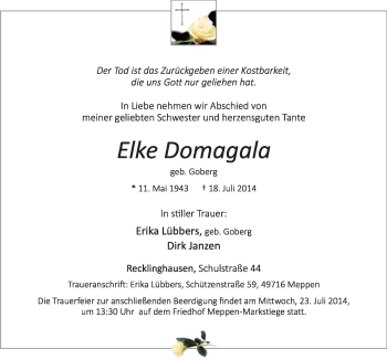 Traueranzeige von Elke Domagala von Neue Osnabrücker Zeitung GmbH & Co. KG