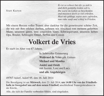 Traueranzeige von Volkert de Vries von Neue Osnabrücker Zeitung GmbH & Co. KG