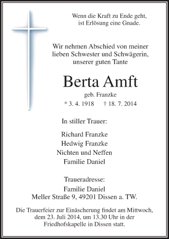 Traueranzeige von Berta Amft von Neue Osnabrücker Zeitung GmbH & Co. KG