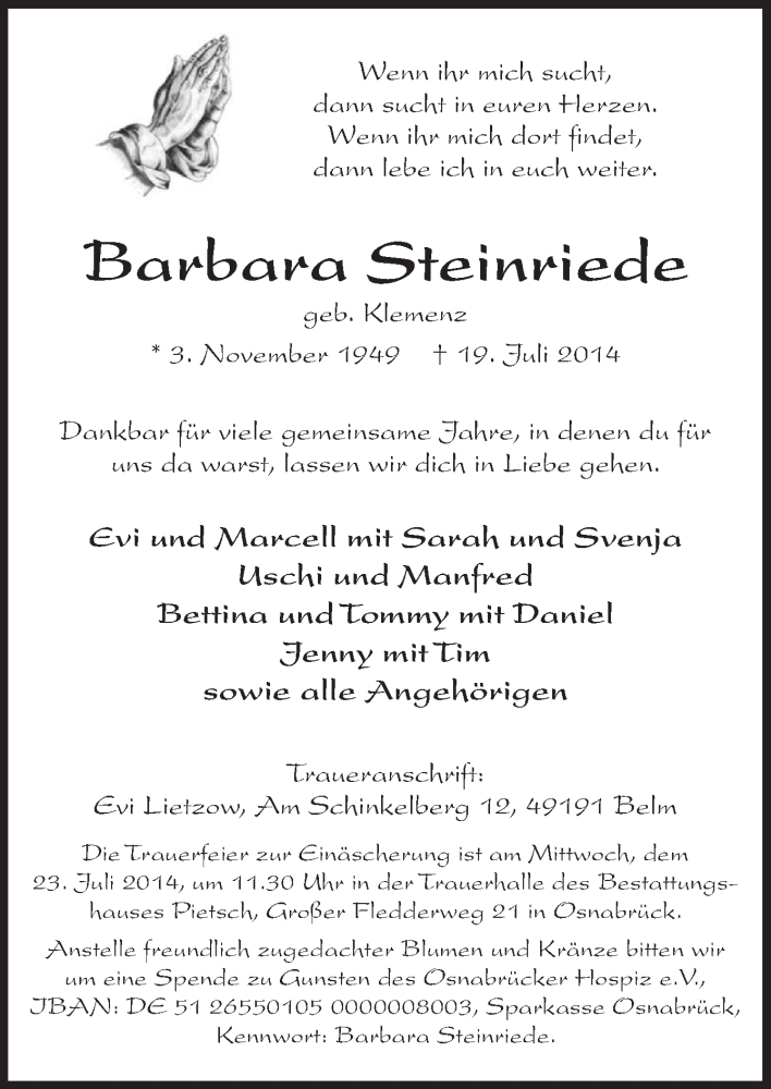  Traueranzeige für Barbara Steinriede vom 21.07.2014 aus Neue Osnabrücker Zeitung GmbH & Co. KG