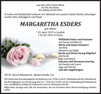 Traueranzeige von Margaretha Esders von Neue Osnabrücker Zeitung GmbH & Co. KG