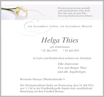 Traueranzeige von Helga Thies von Neue Osnabrücker Zeitung GmbH & Co. KG