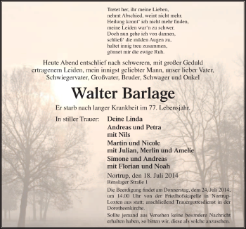 Traueranzeige von Walter Barlage von Neue Osnabrücker Zeitung GmbH & Co. KG