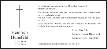 Traueranzeige von Lisa Hünefeld von Neue Osnabrücker Zeitung GmbH & Co. KG