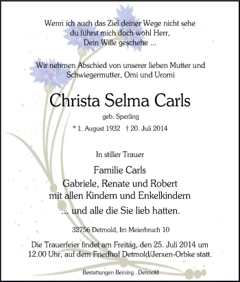 Traueranzeige von Christa Selma Carls von Neue Osnabrücker Zeitung GmbH & Co. KG