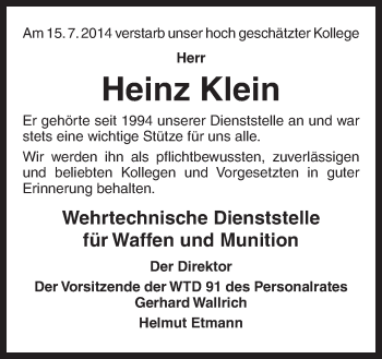 Traueranzeige von Heinz Klein von Neue Osnabrücker Zeitung GmbH & Co. KG