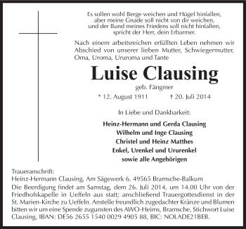 Traueranzeige von Luise Clausing von Neue Osnabrücker Zeitung GmbH & Co. KG