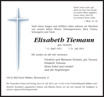 Traueranzeige von Elisabeth Tiemann von Neue Osnabrücker Zeitung GmbH & Co. KG