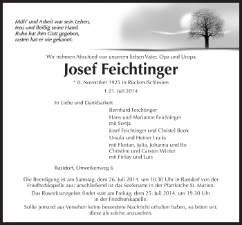 Traueranzeige von Josef Feichtinger von Neue Osnabrücker Zeitung GmbH & Co. KG